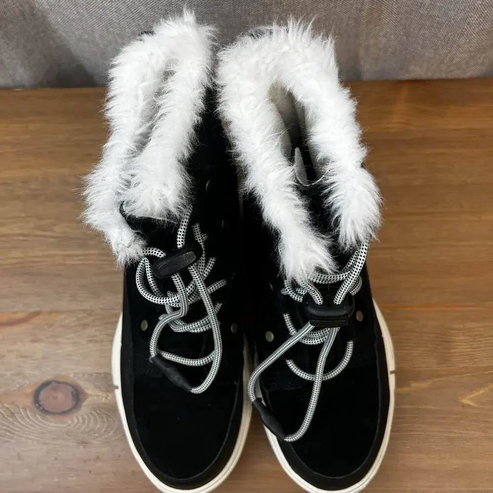 SOREL Explorer II Joan Boots Suede Faux Fur Sz 2 Waterproof Lace Up Shoes Black